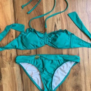 Gianni Bini Gold Embellished Teal Bandeau Bikini